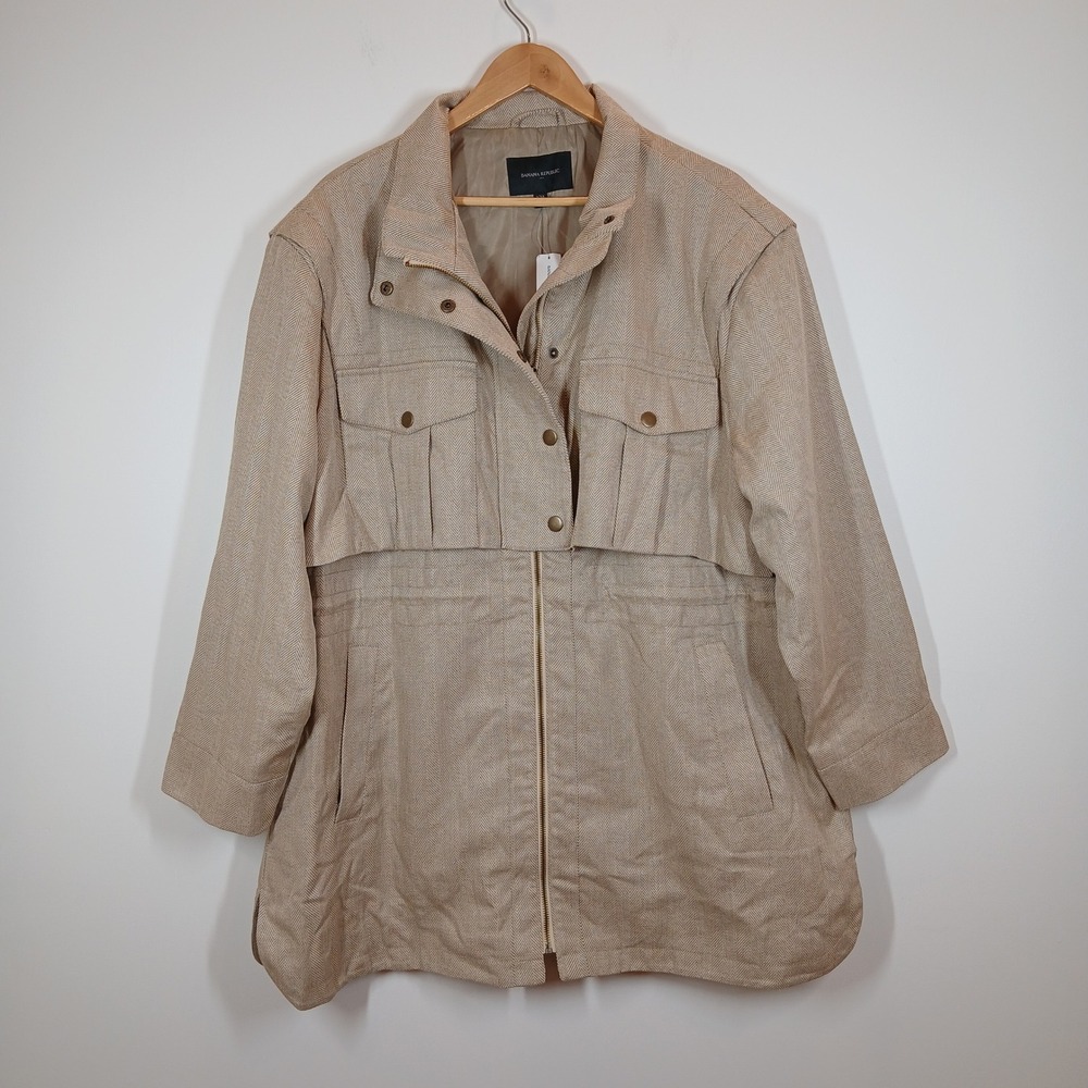 Banana Republic Tan Herringbone Utility Jacket XXL Zip Front Drawstring Waist - Picture 1 of 9